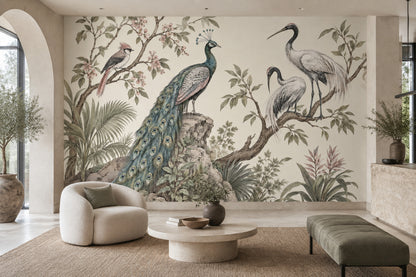 Chinoiserie Birds Wallpaper Muted Green Botanical Wall Mural
