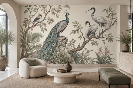 Chinoiserie Birds Wallpaper Muted Green Botanical Wall Mural