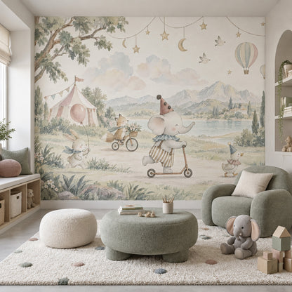 Watercolor Circus Animals Wallpaper Storybook Landscape Wall Mural