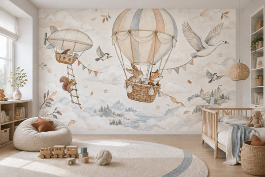 Hot Air Balloon Animals Wallpaper Watercolor Fairy Tale Wall Mural