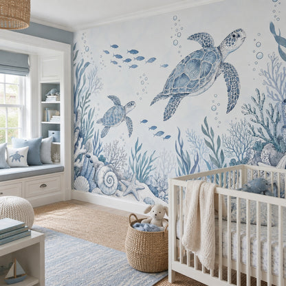 Sea Turtles Wallpaper Blue Watercolor Ocean Wall Mural
