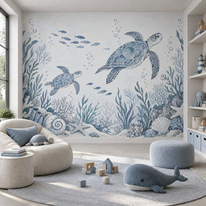 Sea Turtles Wallpaper Blue Watercolor Ocean Wall Mural