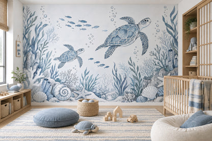 Sea Turtles Wallpaper Blue Watercolor Ocean Wall Mural
