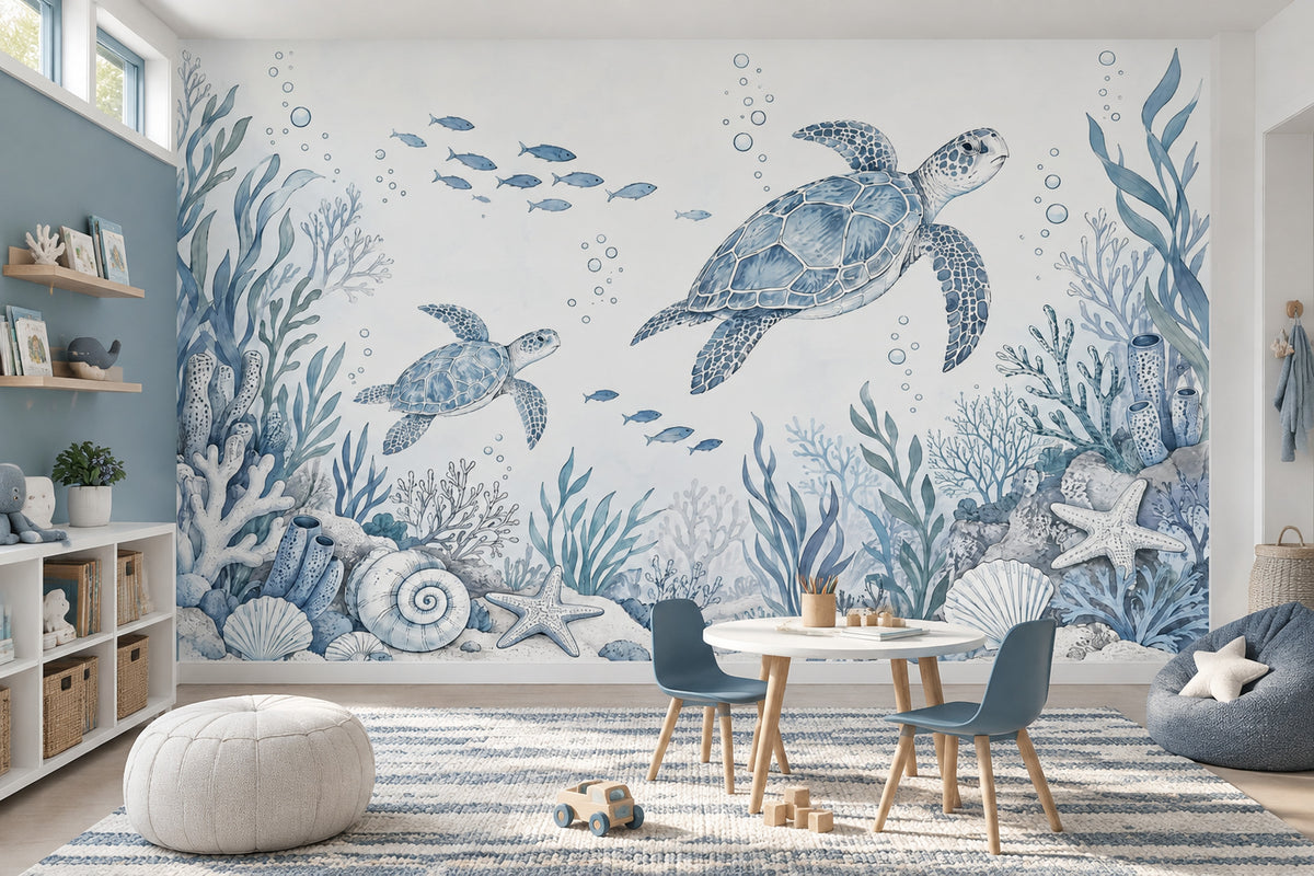 Sea Turtles Wallpaper Blue Watercolor Ocean Wall Mural