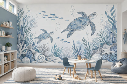 Sea Turtles Wallpaper Blue Watercolor Ocean Wall Mural