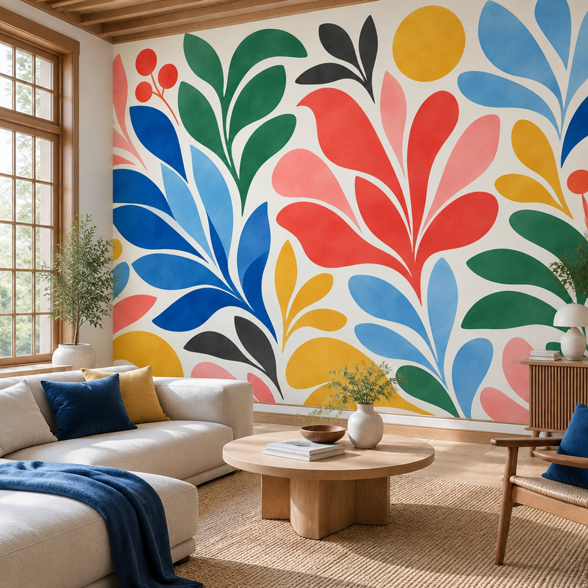 Abstract Botanical Leaves Wallpaper Retro Colorful Wall Mural