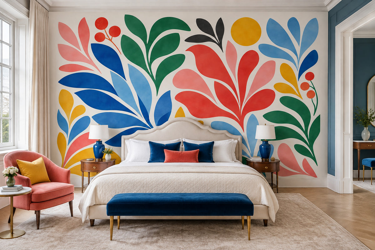 Abstract Botanical Leaves Wallpaper Retro Colorful Wall Mural