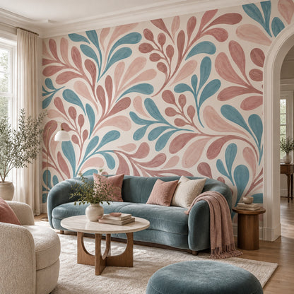 Watercolor Leaf Pattern Wallpaper Pink And Blue Botanical Wall Mural