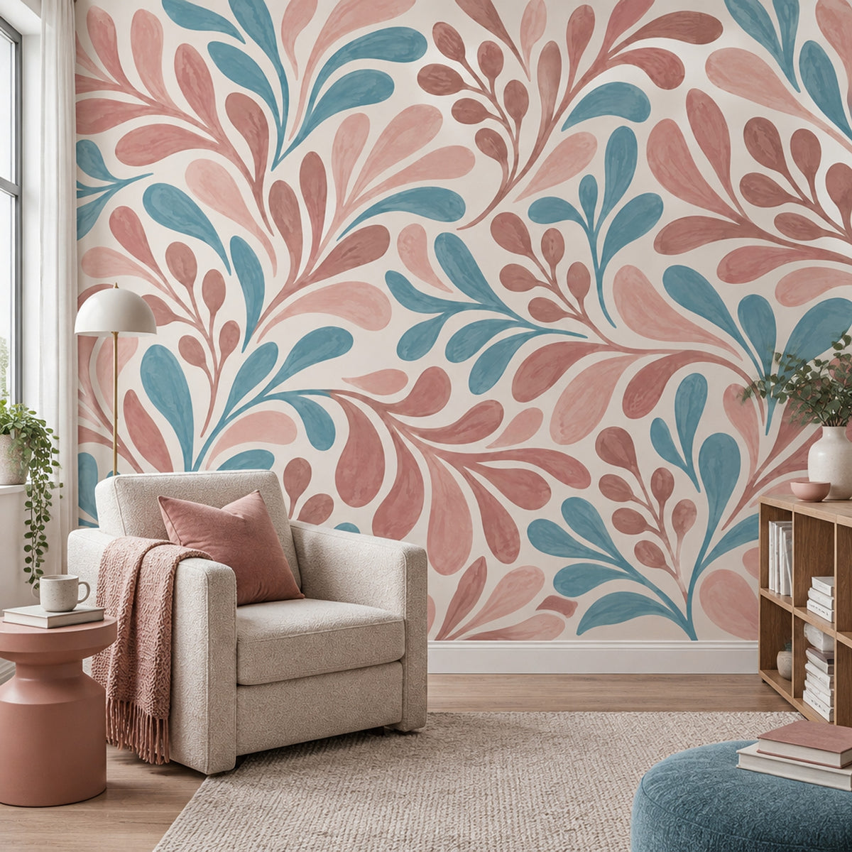 Watercolor Leaf Pattern Wallpaper Pink And Blue Botanical Wall Mural