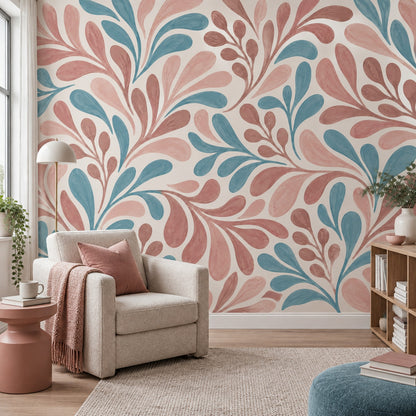 Watercolor Leaf Pattern Wallpaper Pink And Blue Botanical Wall Mural