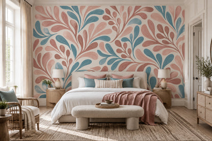 Watercolor Leaf Pattern Wallpaper Pink And Blue Botanical Wall Mural
