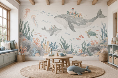 Watercolor Whales Wallpaper Underwater Storybook Wall Mural