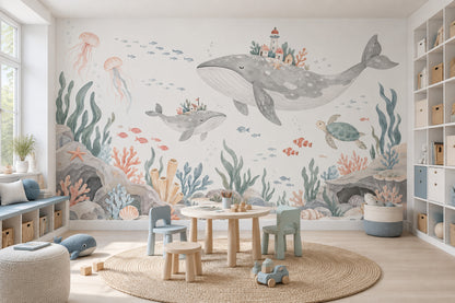 Watercolor Whales Wallpaper Underwater Storybook Wall Mural