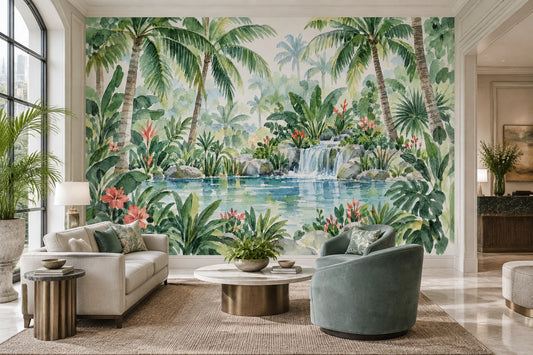 Tropical Waterfall Lagoon Wallpaper Watercolor Jungle Wall Mural