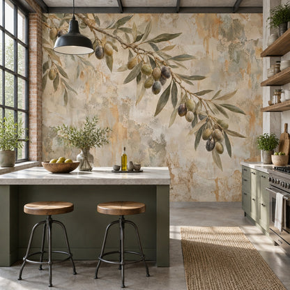Olive Branch Wallpaper Muted Green Rustic Plaster Wall Mural
