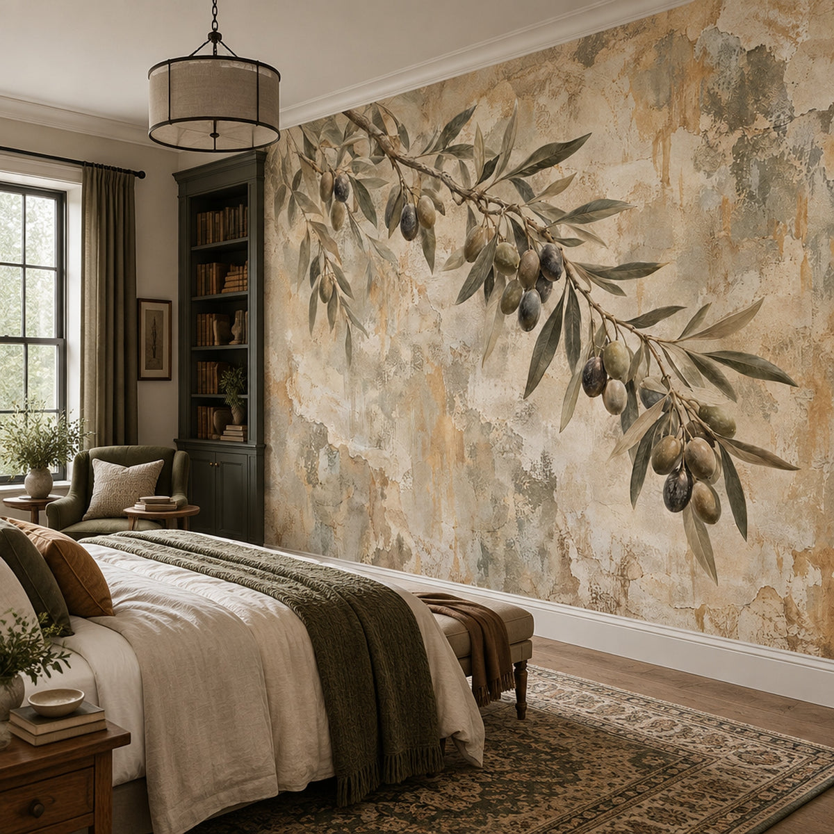 Olive Branch Wallpaper Muted Green Rustic Plaster Wall Mural