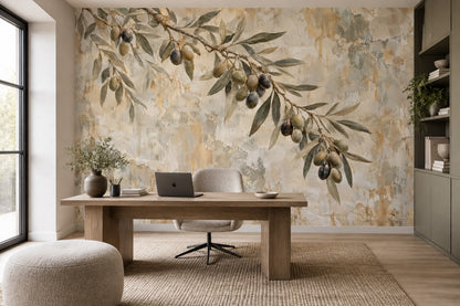 Olive Branch Wallpaper Muted Green Rustic Plaster Wall Mural