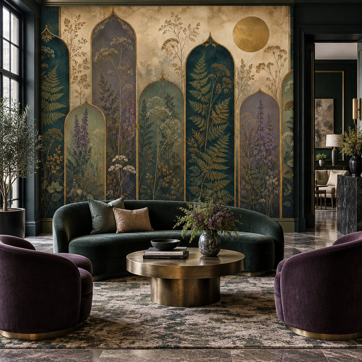 Moroccan Arches Botanical Wallpaper Gold Accents Wall Mural