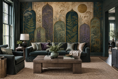 Moroccan Arches Botanical Wallpaper Gold Accents Wall Mural