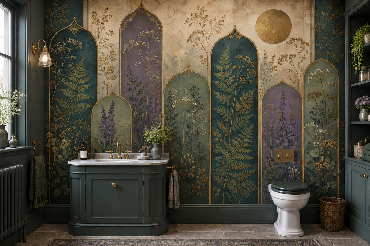 Moroccan Arches Botanical Wallpaper Gold Accents Wall Mural