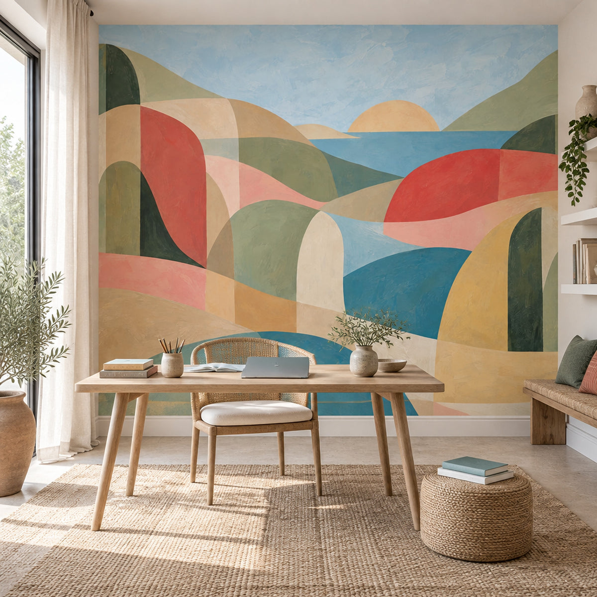 Abstract Coastal Landscape Wallpaper Geometric Hills Wall Mural