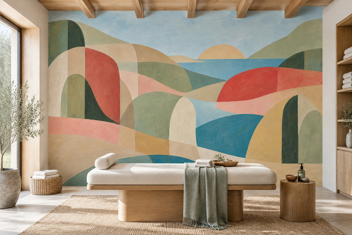 Abstract Coastal Landscape Wallpaper Geometric Hills Wall Mural