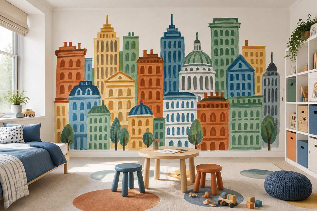 Watercolor City Skyline Wallpaper Pastel Architecture Wall Mural