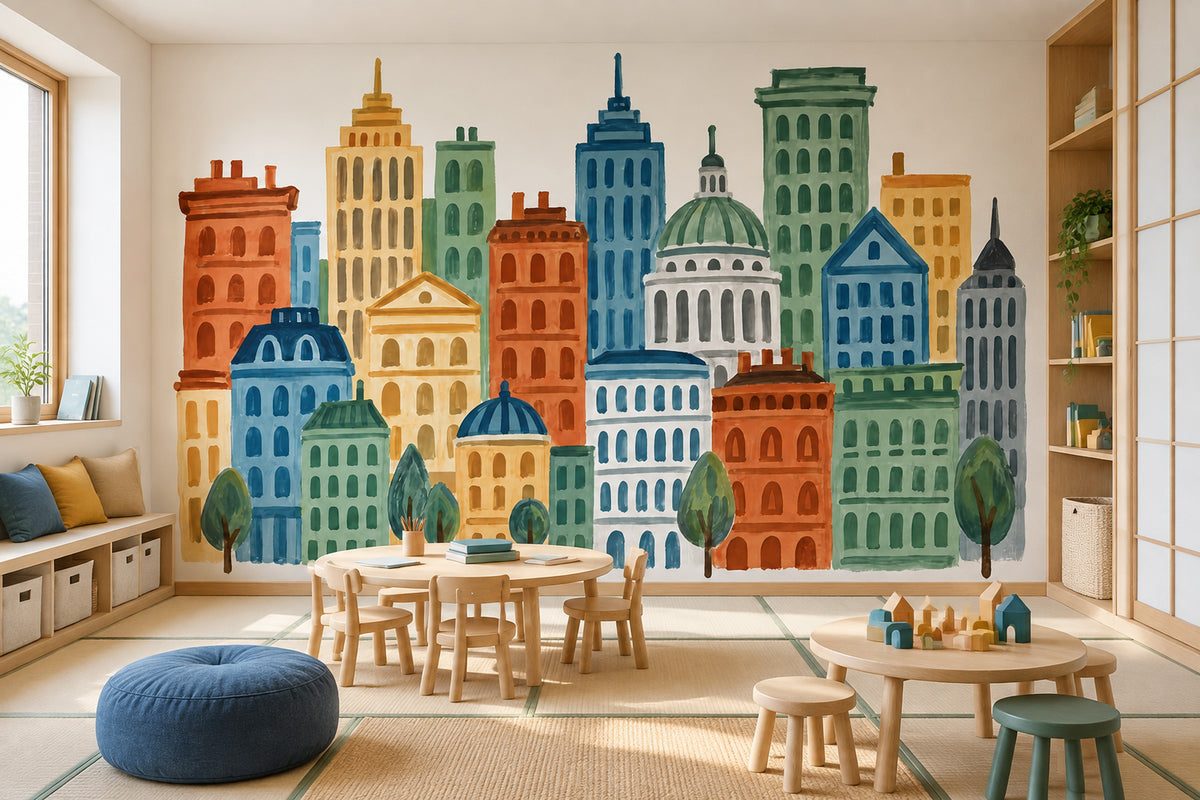 Watercolor City Skyline Wallpaper Pastel Architecture Wall Mural