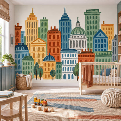 Watercolor City Skyline Wallpaper Pastel Architecture Wall Mural