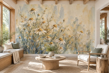 Watercolor Daisy Meadow Wallpaper Botanical Wildflower Wall Mural