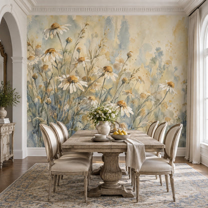 Watercolor Daisy Meadow Wallpaper Botanical Wildflower Wall Mural