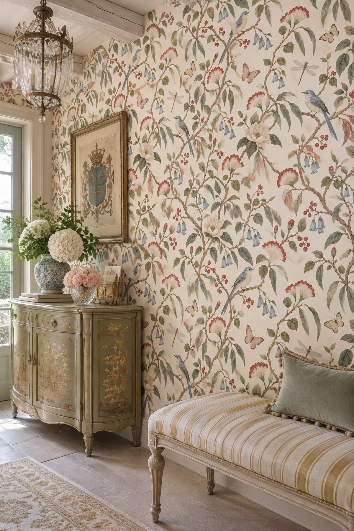 Bird And Blossom Wallpaper Muted Green Chinoiserie Pattern