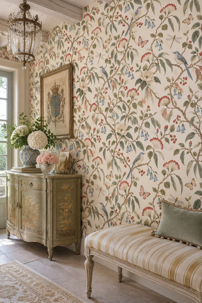 Bird And Blossom Wallpaper Muted Green Chinoiserie Pattern