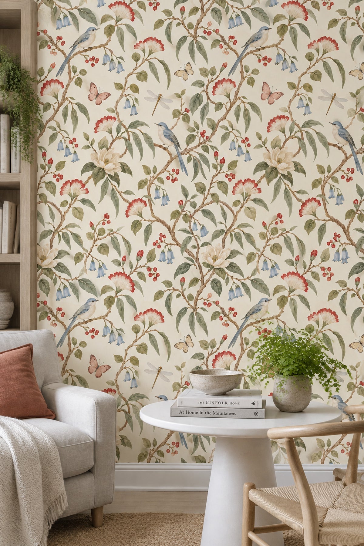 Bird And Blossom Wallpaper Muted Green Chinoiserie Pattern