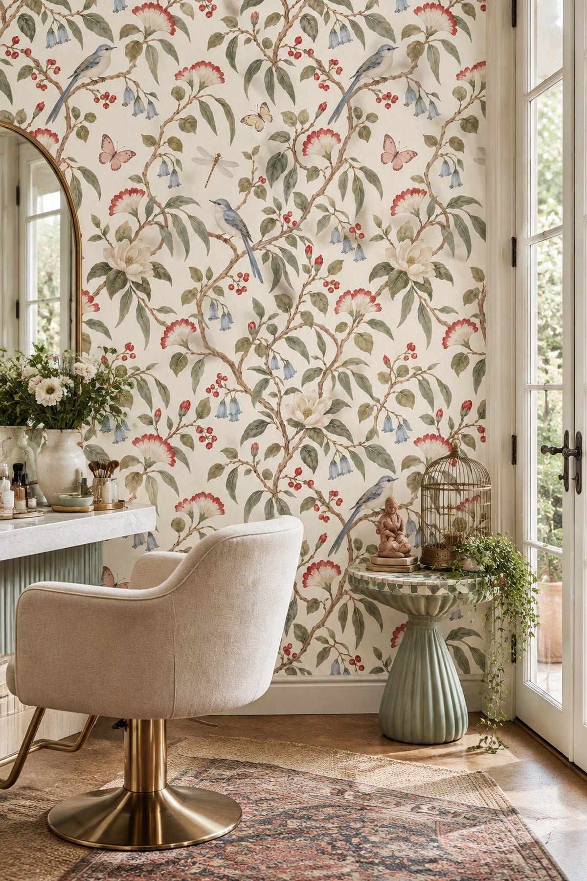 Bird And Blossom Wallpaper Muted Green Chinoiserie Pattern