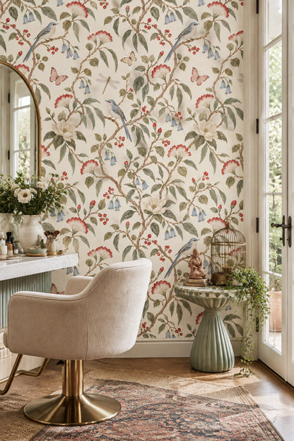 Bird And Blossom Wallpaper Muted Green Chinoiserie Pattern