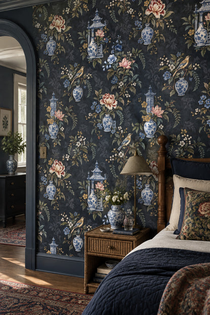 Chinoiserie Vases And Birds Wallpaper Dark Navy Botanical Floral
