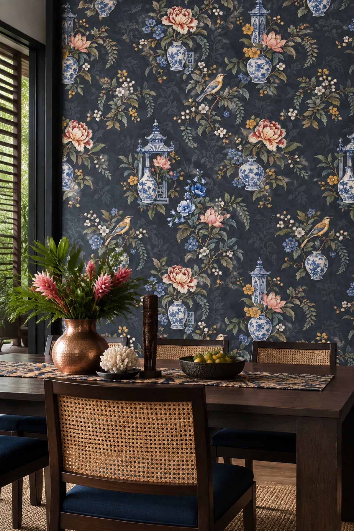 Chinoiserie Vases And Birds Wallpaper Dark Navy Botanical Floral