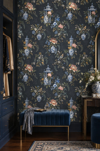 Chinoiserie Vases And Birds Wallpaper Dark Navy Botanical Floral