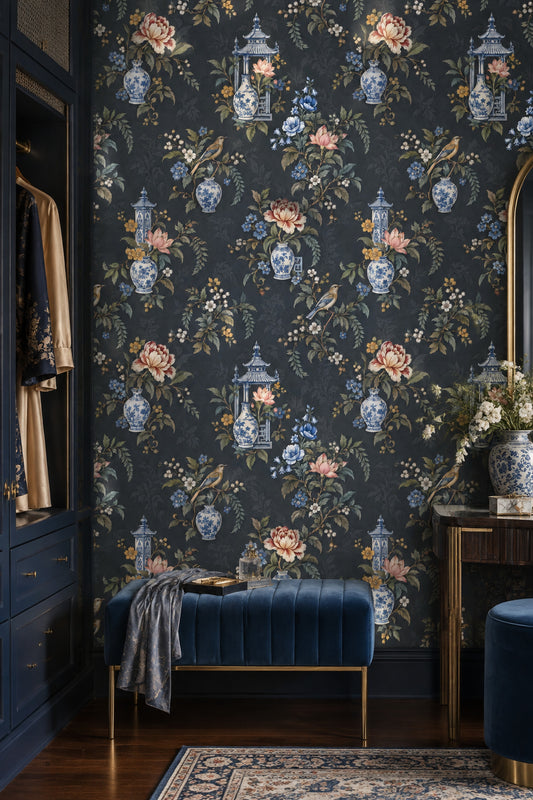 Chinoiserie Vases And Birds Wallpaper Dark Navy Botanical Floral