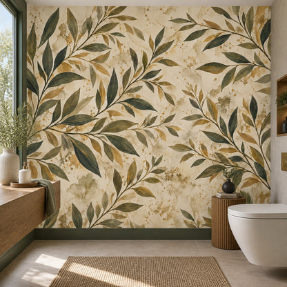 Olive Branches Wallpaper Watercolor Gold Splatter Wall Mural
