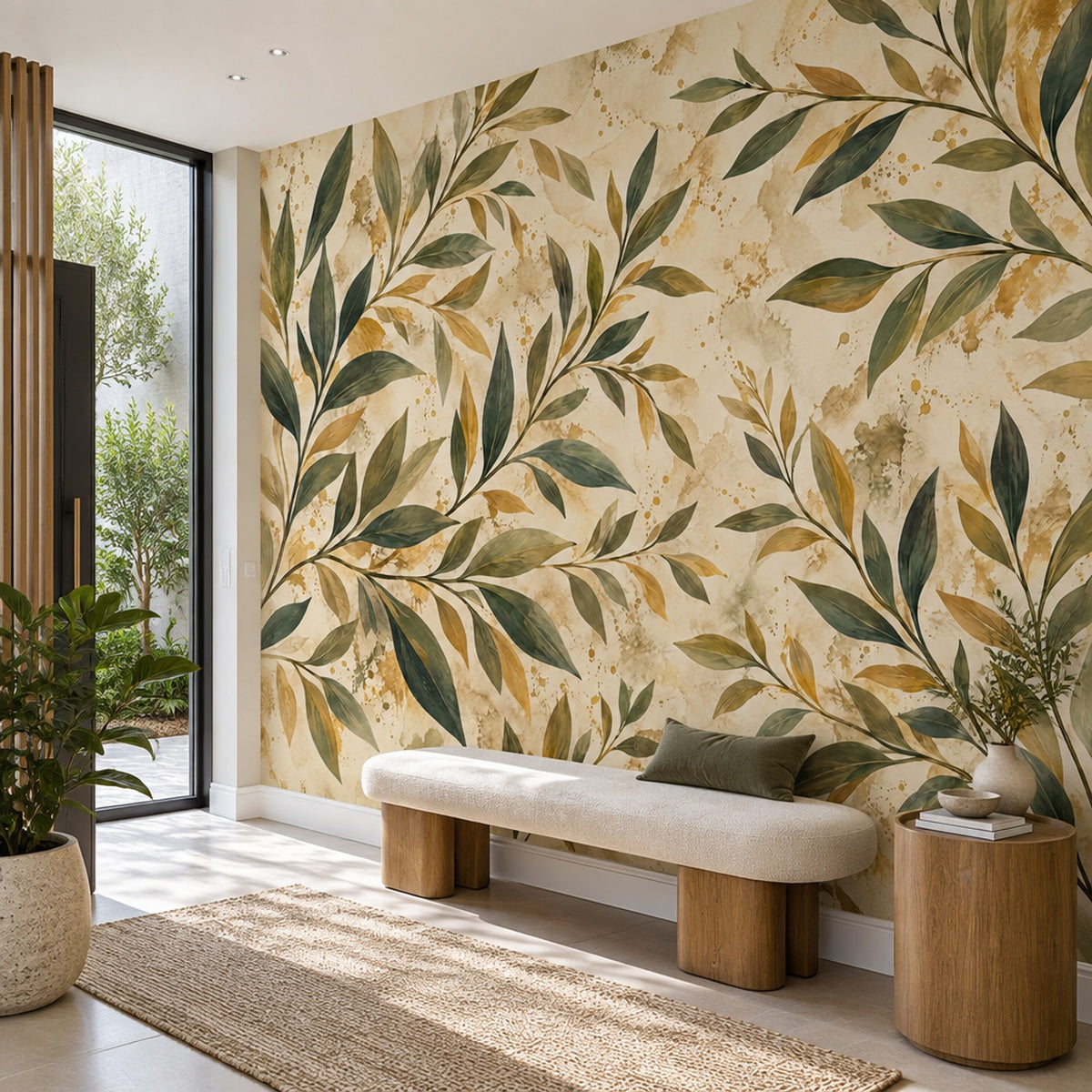 Olive Branches Wallpaper Watercolor Gold Splatter Wall Mural