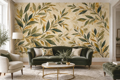 Olive Branches Wallpaper Watercolor Gold Splatter Wall Mural
