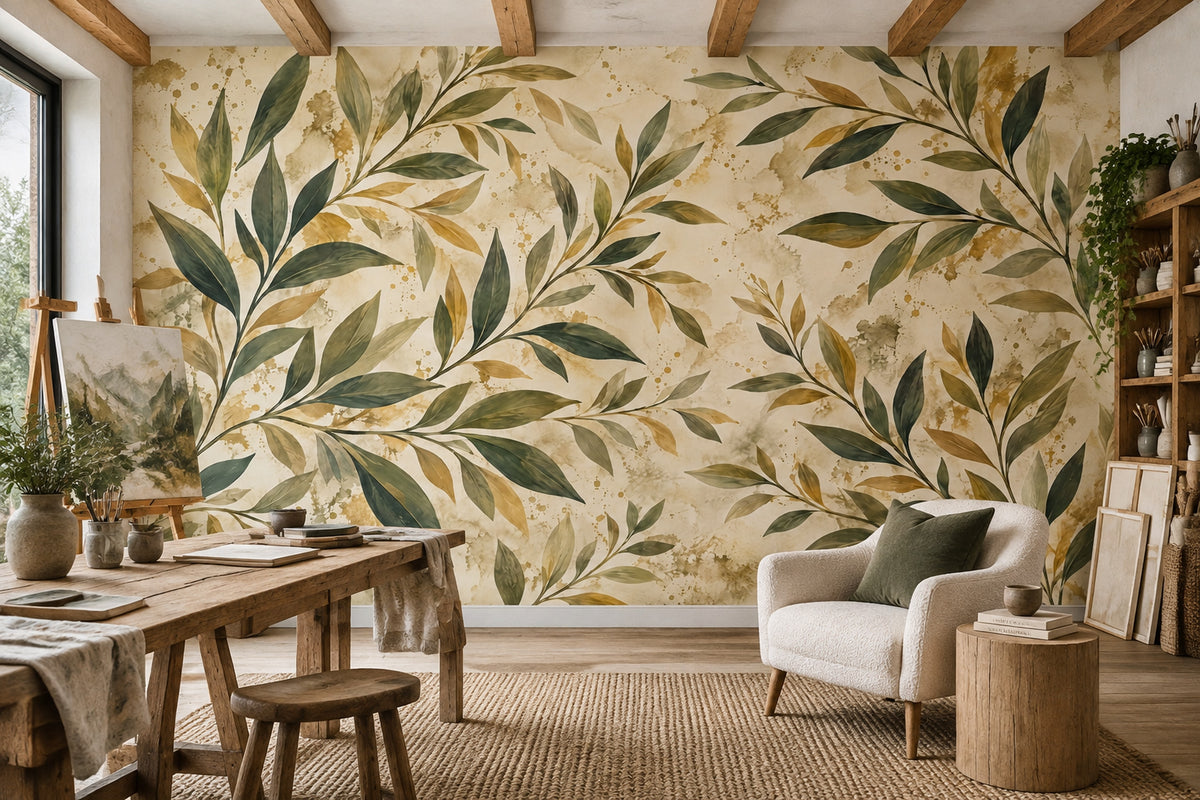 Olive Branches Wallpaper Watercolor Gold Splatter Wall Mural