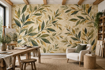 Olive Branches Wallpaper Watercolor Gold Splatter Wall Mural