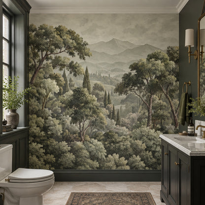 Vintage Forest Landscape Wallpaper Muted Green Mountains Wall Mural