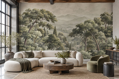 Vintage Forest Landscape Wallpaper Muted Green Mountains Wall Mural