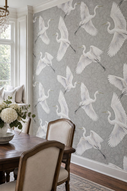 White Egrets Wallpaper Floral Damask Gray Background
