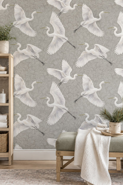 White Egrets Wallpaper Floral Damask Gray Background