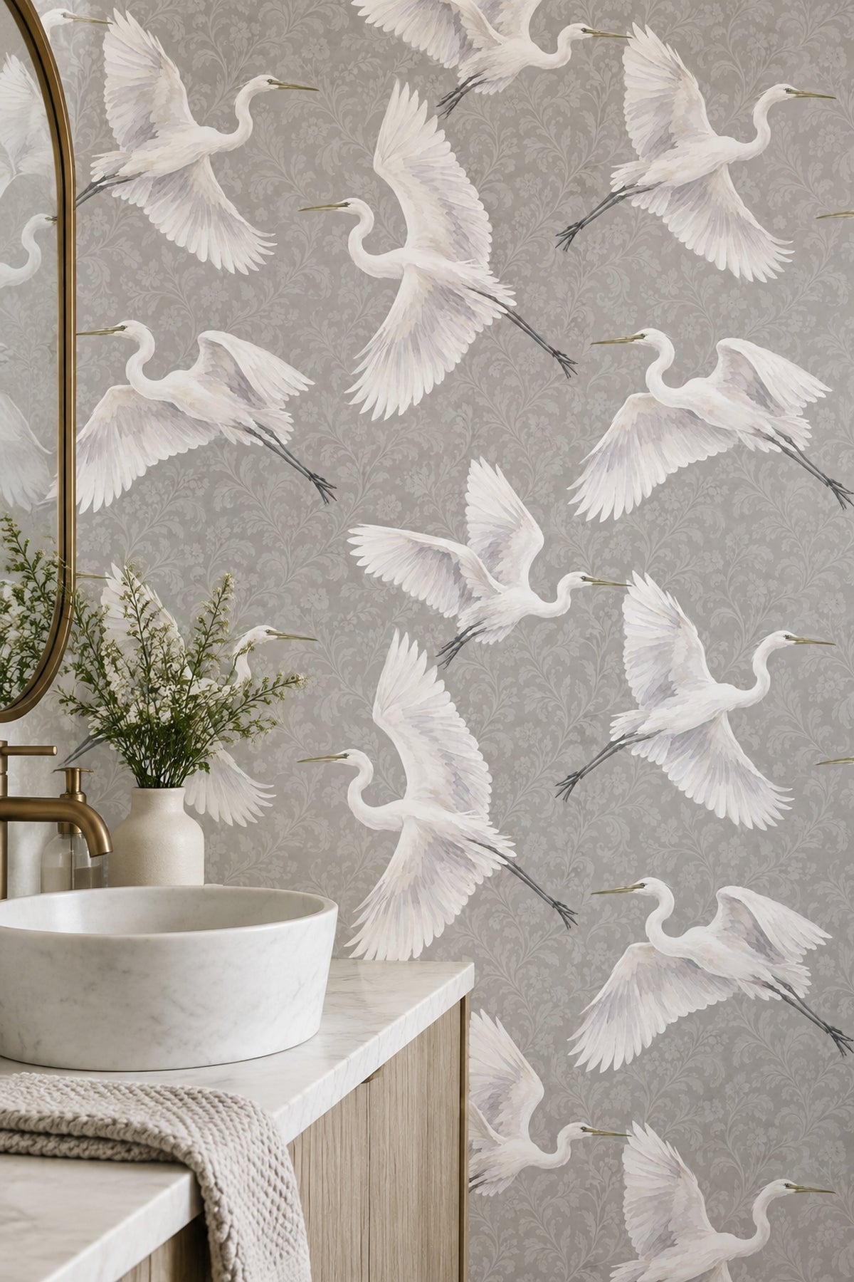 White Egrets Wallpaper Floral Damask Gray Background